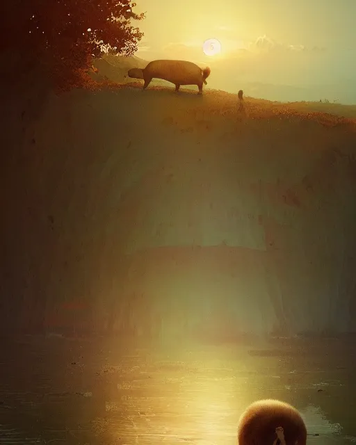 Image similar to white capybara in roman empire, surreal photography, sunrise dramatic light, impressionist painting, colorful clouds, digital painting, artstation, kilian eng, john harris, bastien lecouffe - deharme, simon stalenhag, flower face