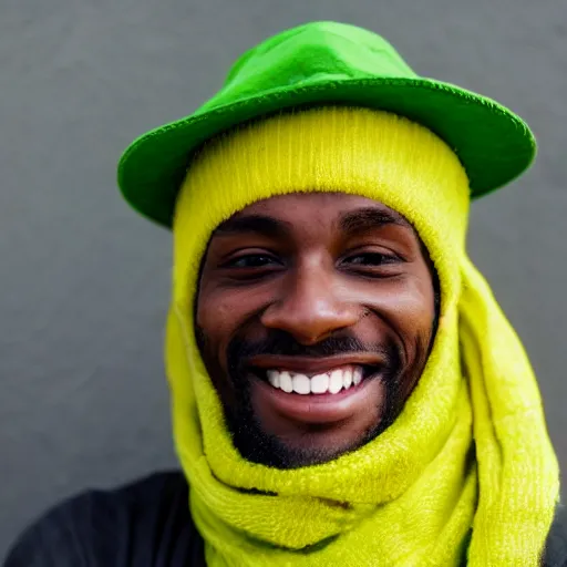 Image similar to A photo of smiling man with green skin in yellow hat