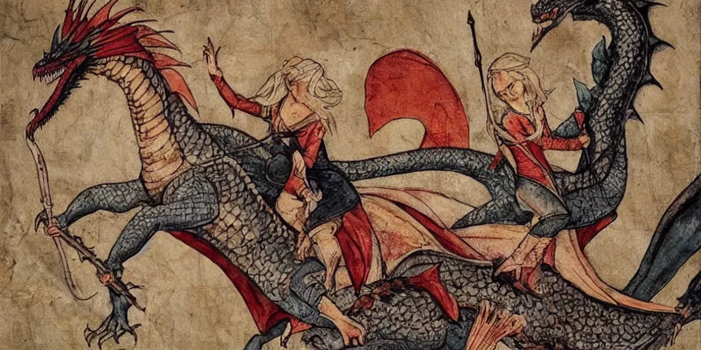 Prompt: Daenerys Targaryen riding on a dragon, medieval painting, epic