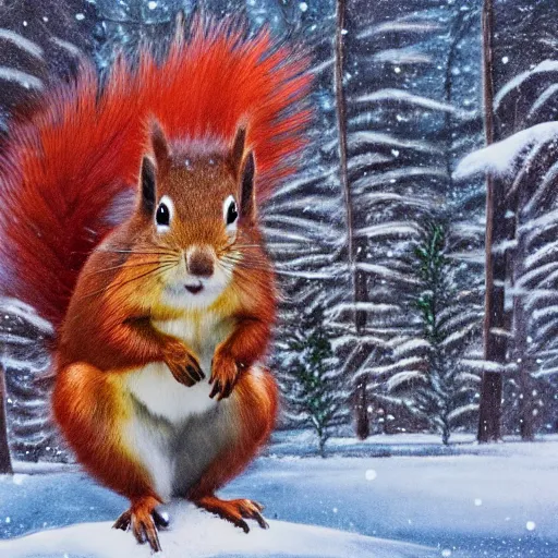Image similar to Image of a smug red squirrel with arms crossed, standing in a winter forest, in front of a large pile of burning cellphones and laptops, digital art