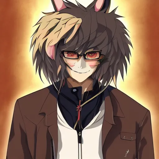 Image similar to key anime visual portrait of an anthropomorphic anthro wolf fursona, in a jacket, with handsome eyes, official modern anime art