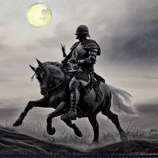 Image similar to Digital art of a tired spartan soldier riding horse on the battlefield in the style of an oil painting, acrylic, bleak, moonlight, detailed, dark, ominous, threatening, haunting, forbidding, gloomy,stormy, doom, apocalyptic,sinister, shadowy, ghostly,unnerving, harrowing, dreadful ,frightful, shocking, terror, hideous, ghastly, terrifying