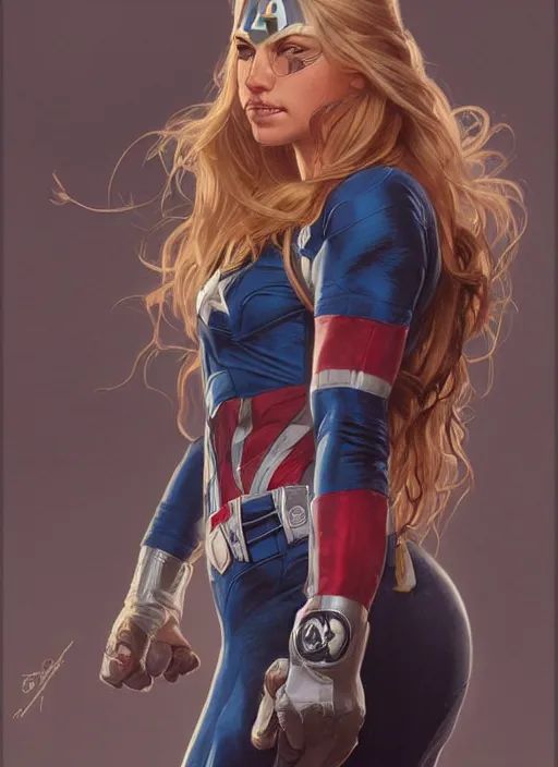 Image similar to toned young april with a mischievous face and extremely long blonde wavy hair dressed as superhero in her early 2 0 s, posing with hands behind back, captain america, tight fit, intricate detailed face, artgerm, greg rutkowski, alphonse mucha