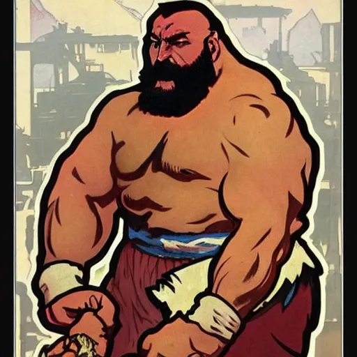 Image similar to zangief from street fighter wrestling a bear by alphonse mucha