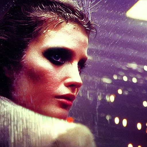 Image similar to close up portrait of rachael tyrell from blade runner at tyrell headquarters photographed by annie leibovitz, cyberpunk, colorful!, nighttime!, raining!