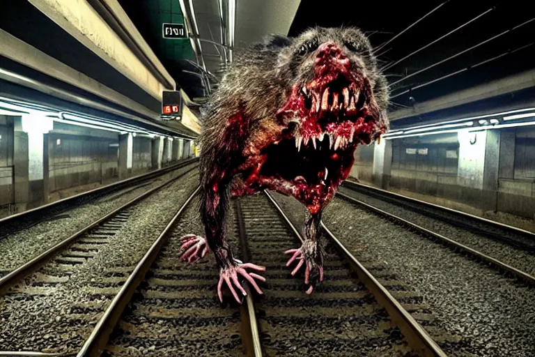 Image similar to very large giant mutant zombie irradiated ( angry rat ) staying on railways in tonnel of moscow subway. tonnel, railways, giant angry rat, furr, fangs, very realistic. extreme long shot, flash photography, anish kapoor, herman nitsch, giger.