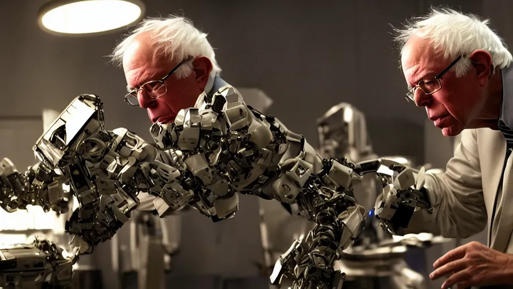 Image similar to bernie sanders putting the finishing touches on a complex magical clockwork doomsday robot, cinematic moody lighting, sharp focus, imax