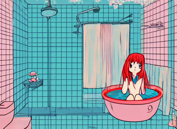 Prompt: girl in bathtub, bathroom, boring, anime, 1 9 9 0 s, retro style, aesthetic, chill, room