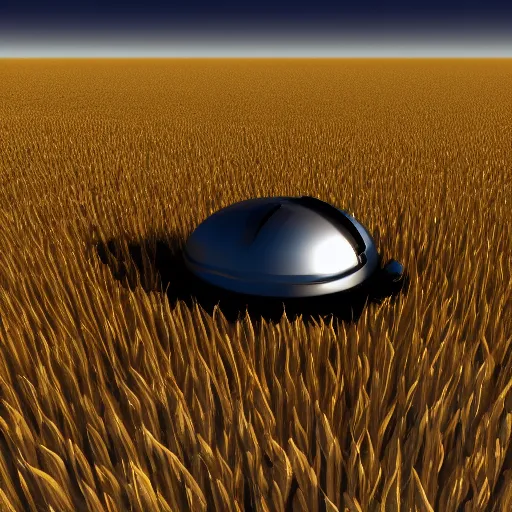 Prompt: A crashed UFO in a wheat field, digital art, trending on artstation