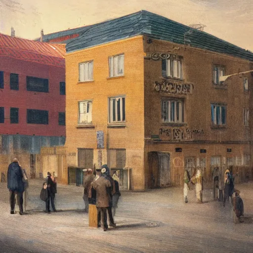 Prompt: istock organic by j. m. w. turner, by okuda san miguel. the mixed mediart of a police station in the lithuanian city of vilnius. in the foreground, a group of policemen are standing in front of the building, while in the background a busy street can be seen.