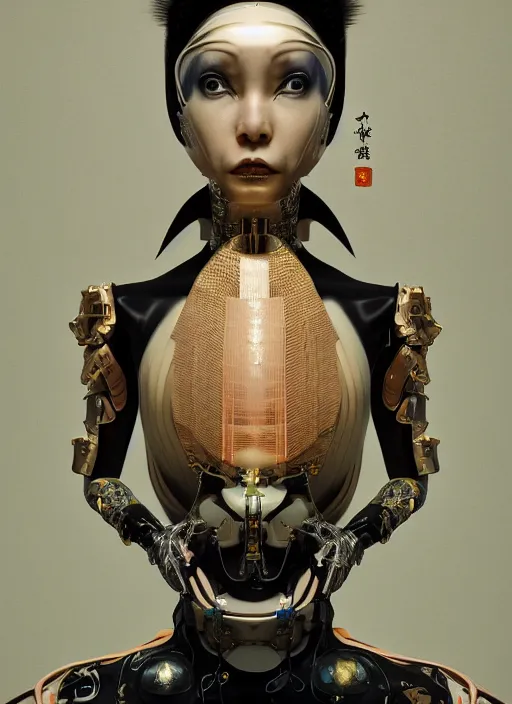 Image similar to portrait of a futuristic geisha cyborg, kintsugi, modern fine art, fractal, intricate, elegant, highly detailed, digital photography, subsurface scattering, in the style of ghost, by jheronimus bosch and yue minjun and greg rutkowski,