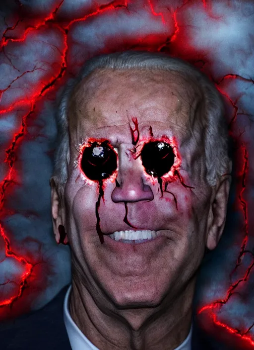 Image similar to hyper realistic ultra realistic horror terror dimensional photo furious glowing red eyes biden, high quality photo, detailed , 8k