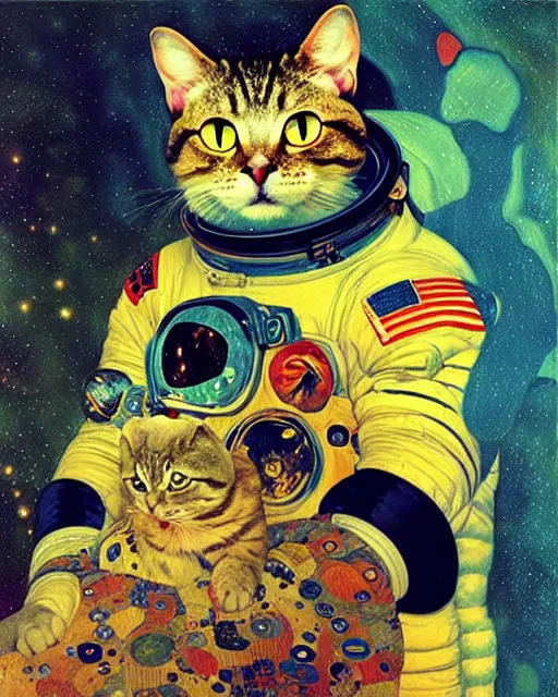 Image similar to space cosmonaut cat portrait an oil painting splashes with many colors and shapes by gustav klimt greg rutkowski and alphonse mucha, polycount, generative art, psychedelic, fractalism, glitch art