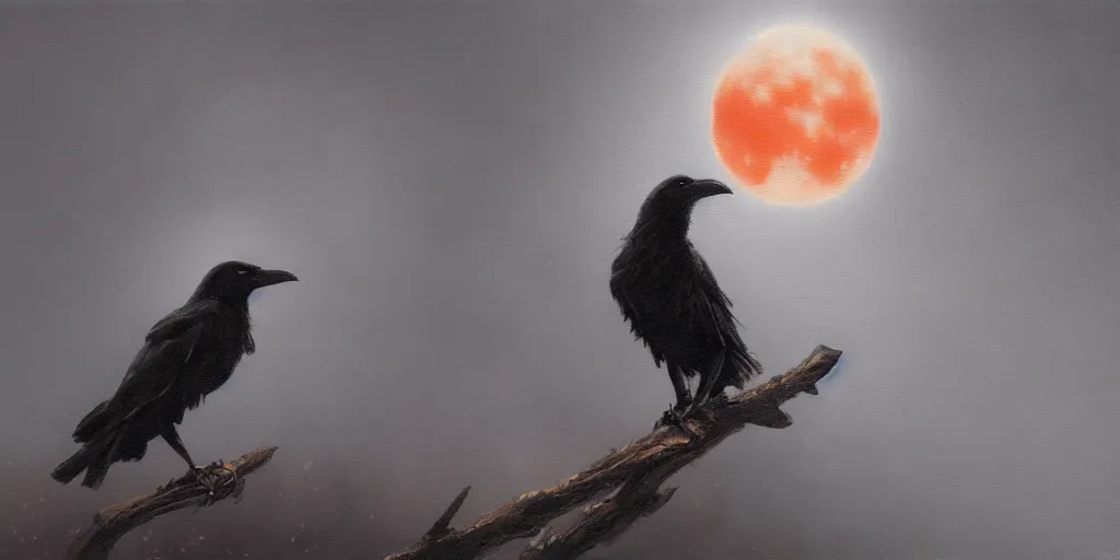 Prompt: Hyper realistic oil painting of a crow sitting on a branch and looking at the red moon, hyper detailed, gloomy, moody cinematic lighting, by greg rutkowski, trending on artstation
