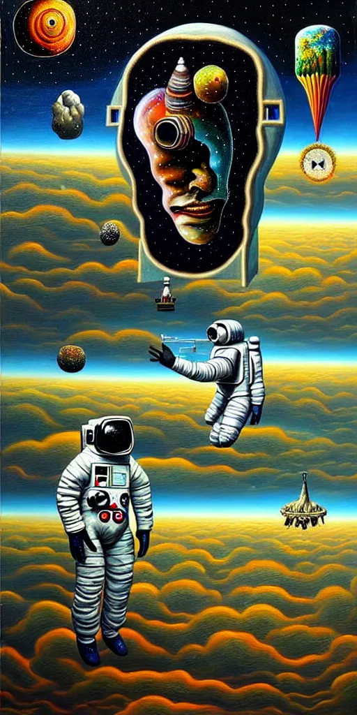 Prompt: a high detailed painting with many textures and of a headless astronaut with a quantum transcendence to the next plane, surrealism, magical realism bizarre art high image quality