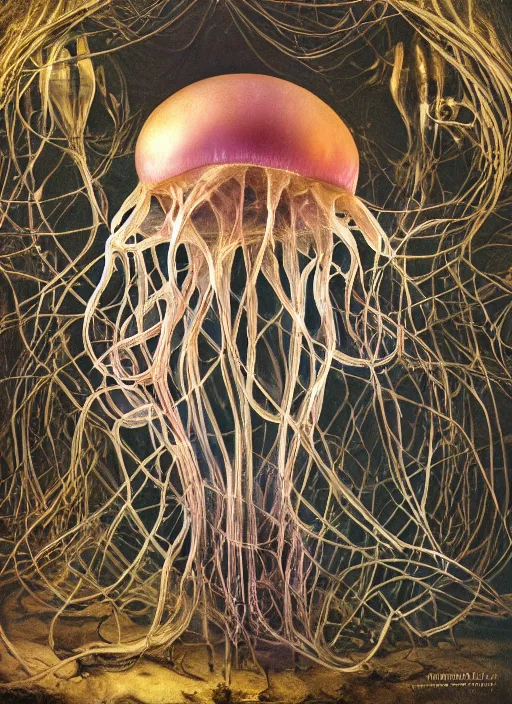 Image similar to magic jellyfish with translucent skin, visible muscles and veins and arteries and bones and spines and nerves, beautiful detailed intricate insanely detailed octane render, 8k artistic photography, photorealistic, chiaroscuro, by David Cronenberg, Raphael, Caravaggio