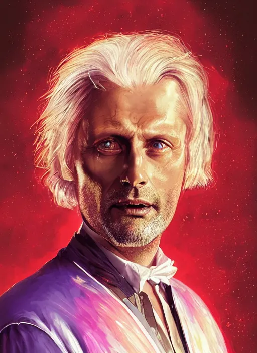 Prompt: formal portrait of mads mikkelsen as doc brown wearing white lab coat. digital art by eugene de blaas, ross tran, and nasreddine dinet, vibrant color scheme, intricately detailed, in the style of romanticism, cinematic, artstation, greg rutkowski