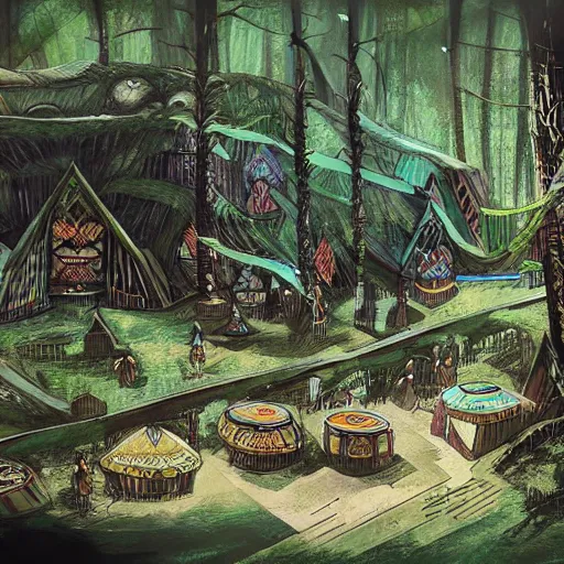 Image similar to maori tlingit forest bazaar, science fiction concept art