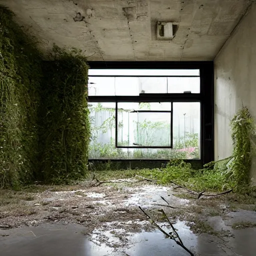 Image similar to an abandoned room in a concrete building, few overgrown plants, dreamy, overcast, by hans bellmer