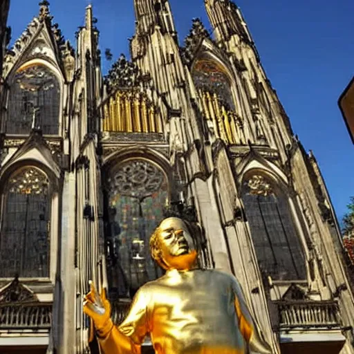 Prompt: a golden statue of bach standing infront of a german cathedral.