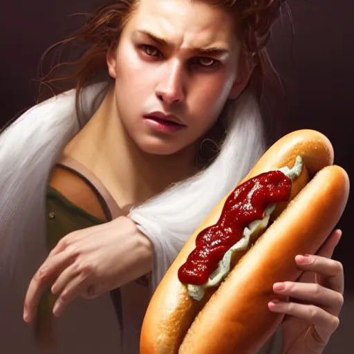 Image similar to portrait of a young rugged hot dog, extra onions and ketchup, luscious patty with sesame seeds, handsome, D&D, fantasy, intricate, elegant, highly detailed, digital painting, sweaty meat, artstation, concept art, matte, sharp focus, illustration, art by Artgerm and Greg Rutkowski and Alphonse Mucha