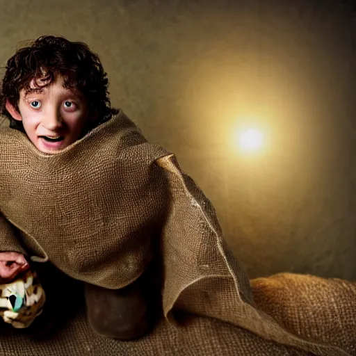 Image similar to frodo from lord of the rings in a burlap sack of potatoes, and the sack has many potatoes in it, photography, realistic, mid shot, in his hobbit home, cinematic lighting