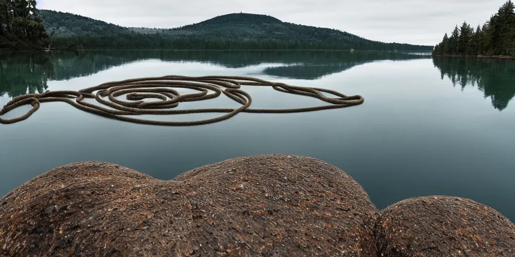 Prompt: centered photograph rope of a single thick long brown rope winding across the surface of the water into the distance, rope floating submerged rope stretching out towards the center of the lake, a dark lake on a cloudy day, color film, rocky shore foreground and trees in the background, hyper - detailed photo, anamorphic lens