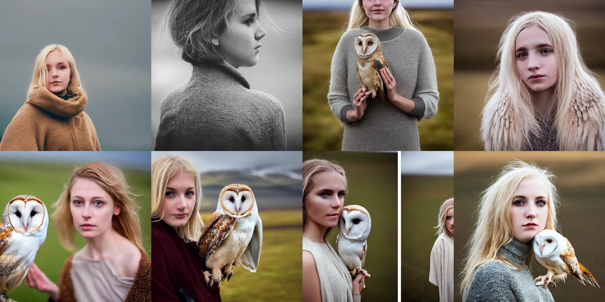 Prompt: symmetry!! portrait photograph shot on petzval lens of an extremely pretty!!! young blonde female with symmetric face. with a very detailed barn owl!!!!! on her shoulder. in iceland. out of focus light sources. featured on flickr, art photography,