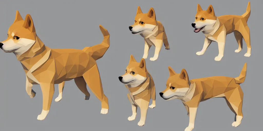 Image similar to concept art of low polygon 3 d render of shiba inu, doge meme, multiple variations, dynamic gestures