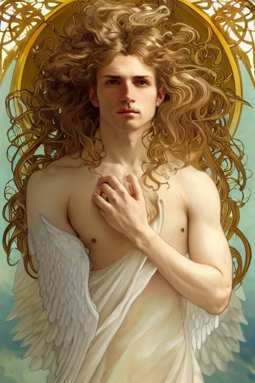 Image similar to portrait of a beautiful young fit male angel with curly blond hairs, dressed with fluent clothes, majestic wings, luminous halo, by greg rutkowski and alphonse mucha, d & d character, gradient white to gold, in front of an iridescent background, highly detailed portrait, digital painting, artstation, concept art, smooth, sharp focus ilustration, artstation hq