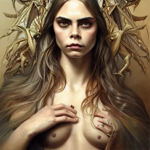 Image similar to Cara Delevigne, physically accurate, dynamic lighting, intricate, elegant, highly detailed, digital painting, artstation, HR GIGER, Hieronymus Bosch, Francis Bacon, concept art, smooth, sharp focus, illustration, art by artgerm and greg rutkowski and alphonse mucha