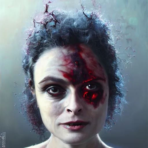 Image similar to expressive oil painting, alien dark fae girlboss based on helena bonham carter mixed with sigourney weaver, bumpy mottled skin full of blood and scars, ornate headpiece, body horror, by yoshitaka amano, by greg rutkowski, by jeremyg lipkinng, by artgerm, digital art, octane render