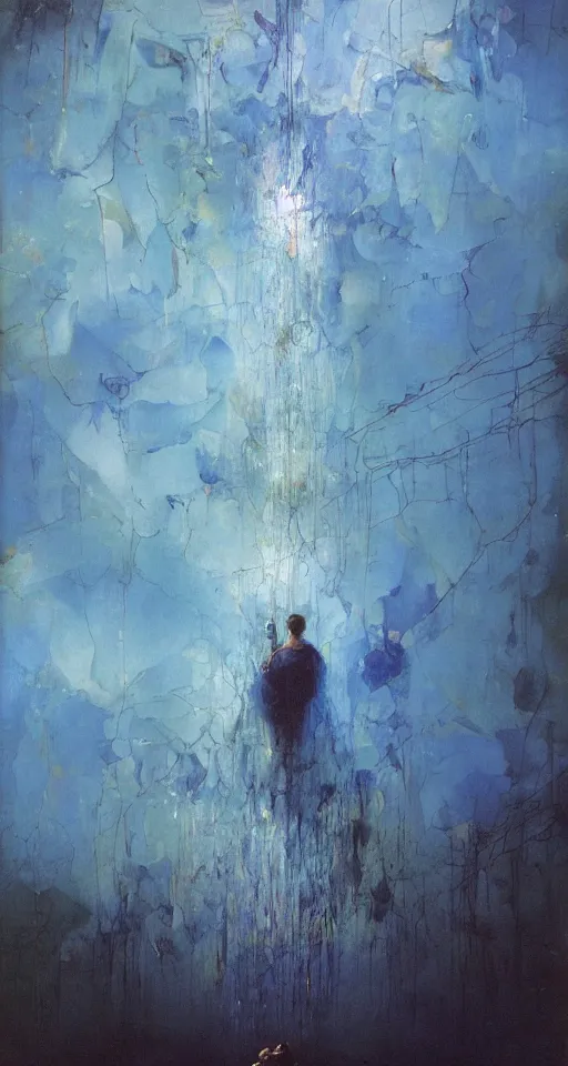 Image similar to a gigantic glowing crystal, high detailed beksinski painting, part by adrian ghenie and gerhard richter. masterpiece, deep colours, blue