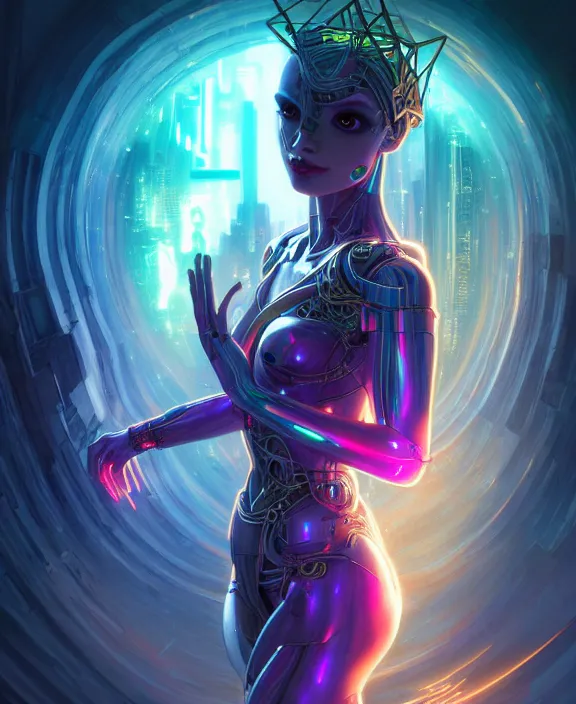 Image similar to whirlwind souls rushing inside metaverse, half body, glowin eyes, tiara, pharaoh, android, cyborg, cyberpunk face, by loish, d & d, fantasy, intricate, elegant, highly detailed, colorful, vivid color, digital painting, artstation, concept art, art by artgerm and greg rutkowski and alphonse mucha and ruan jia