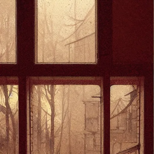 Image similar to A day inside when it is rainy, rainy window, warm colors, sepia, by Greg Rutkowski and studio ghibli