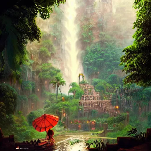 Prompt: aztec jungle village, ornate, beautiful, atmosphere, mist, vibe, smoke, beautiful, rain, reflection, pristine, puddles, waterfall, melting, dripping, wild look, mattepainting concept blizzard pixar maya engine splash comics global illumination lighting artstation, sharp focus, ilya kuvshinov, rossdraws