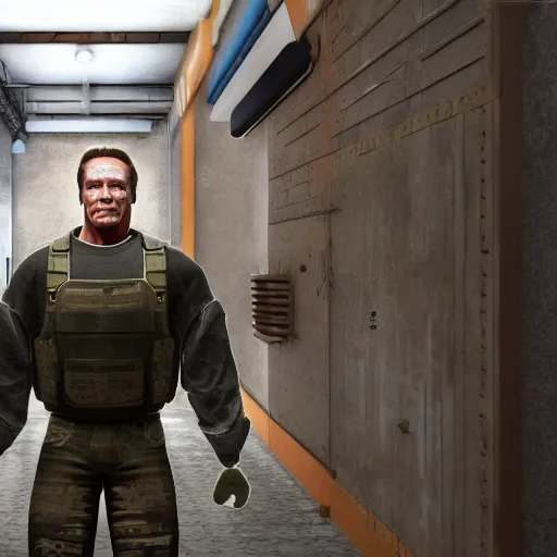 Image similar to a screenshot of arnold schwarzenegger in cs : go, full body shot