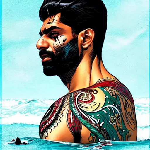 Image similar to a portrait of a pakistani man with side profile blood in ocean intricate details by MARVEL comics and Sandra Chevrier-C