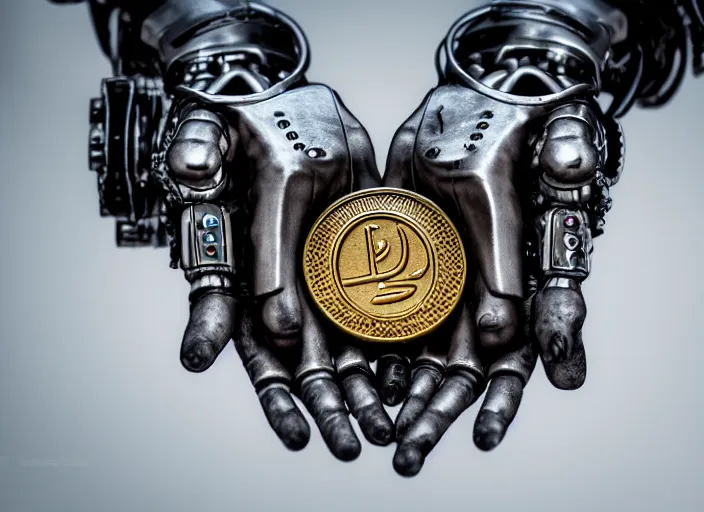 Prompt: mechanical cybernetic hands holding a coin worth 1 human soul to be traded in hell. centered. horror cyberpunk dystopia style. highly detailed 8 k. intricate. nikon d 8 5 0 3 0 0 mm. award winning photography.