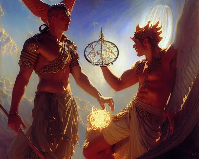 Image similar to attractive male deity, casting demonic magic, summoning handsome lucifer morning star. highly detailed painting by gaston bussiere, craig mullins, j. c. leyendecker 8 k