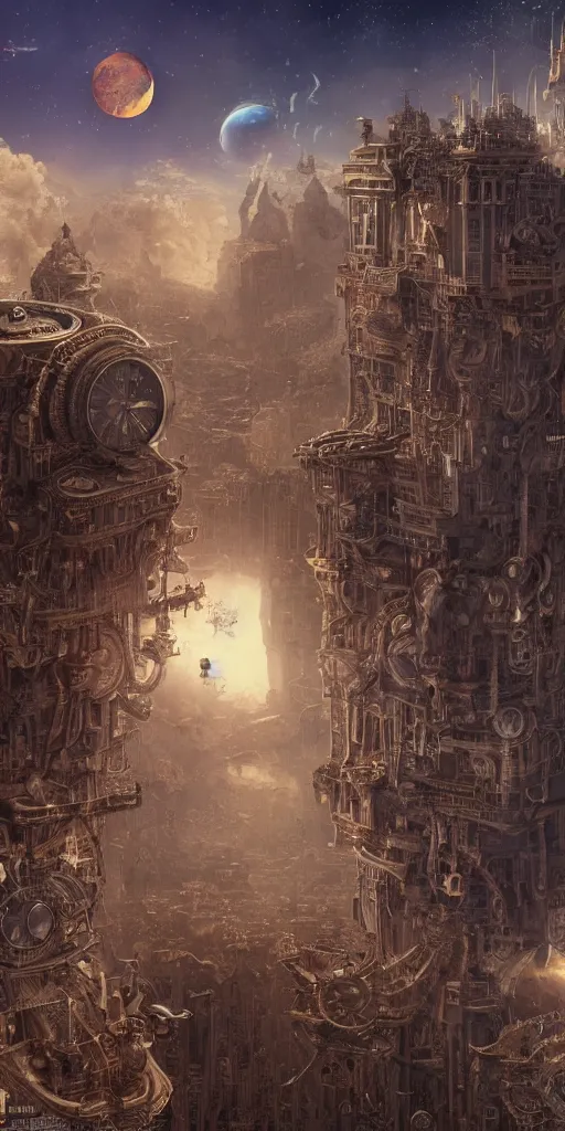 Prompt: 2 planets close to their star, detailed steampunk, insanely detailed and intricate, atmosphere, epic composition, recessions of the mind, mind and reality, computational complexity, pastel colors, wide angle shot, hypermaximalist, ornate, luxury, matte painting, cinematic, miyazaki, by marc simonetti and studio ghibli, 8 k render