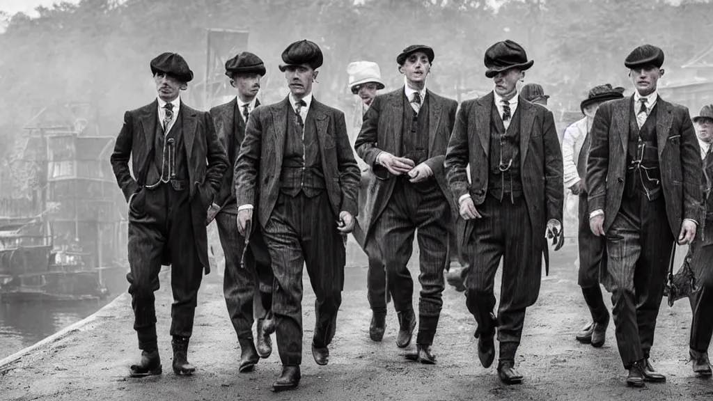 Image similar to a group shrimp mans dressed like the peaky blinders