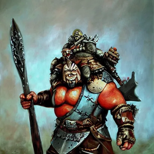 Image similar to ogre warrior wearing plated armor who is holding a battle axe in the style of warhammer fantasy : : head and torso oil painting