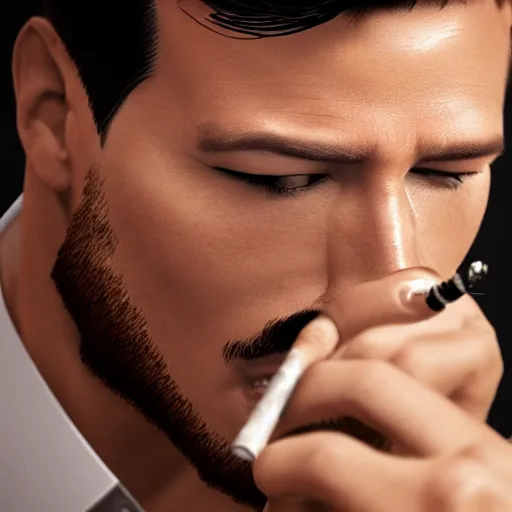 Image similar to a closeup photo of handsome gigachad markiplier smoking a cigar, 8k photorealism, extremly detailed, trending on artstation