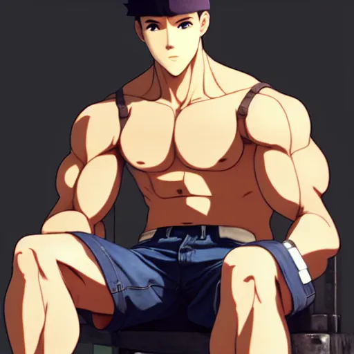 Image similar to a handsome muscular man wearing fashionable street attire, sitting down casually, square masculine facial features, short messy hair, intimidating appearance, 3 d octane render, unreal engine 5, ultra high detail, cel shaded, trending on pixiv fanbox, by greg rutkowski makoto shinkai takashi takeuchi studio ghibli, akihiko yoshida