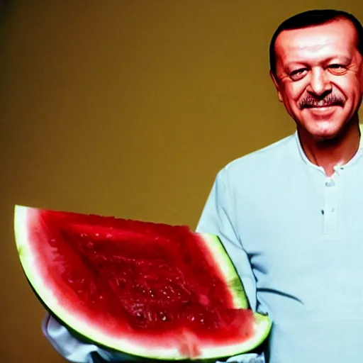 Image similar to recep tayyip erdogan smiling holding watermelon for a 1 9 9 0 s sitcom tv show, studio photograph, portrait c 1 2. 0