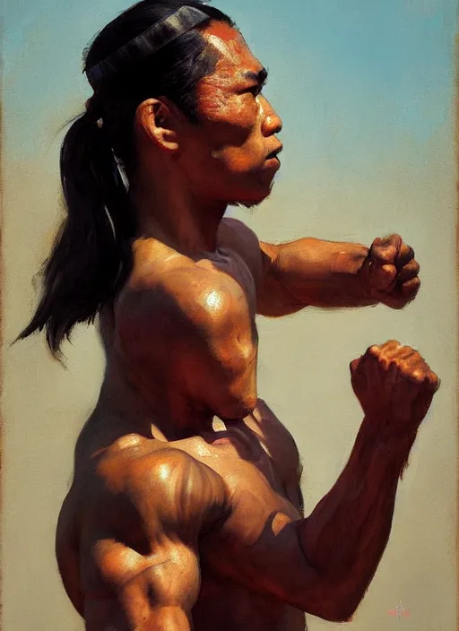 Prompt: greg manchess side portrait of a filipino mma fighter struck by a sword, organic painting, sunny day, matte painting, bold shapes, hard edges, street art, trending on artstation, by huang guangjian, gil elvgren, ruan jia, randy vargas, greg rutkowski