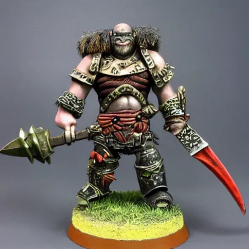 Image similar to ogre warrior wearing plated armor who is holding a battle axe in the style of warhammer fantasy : : head and torso oil painting