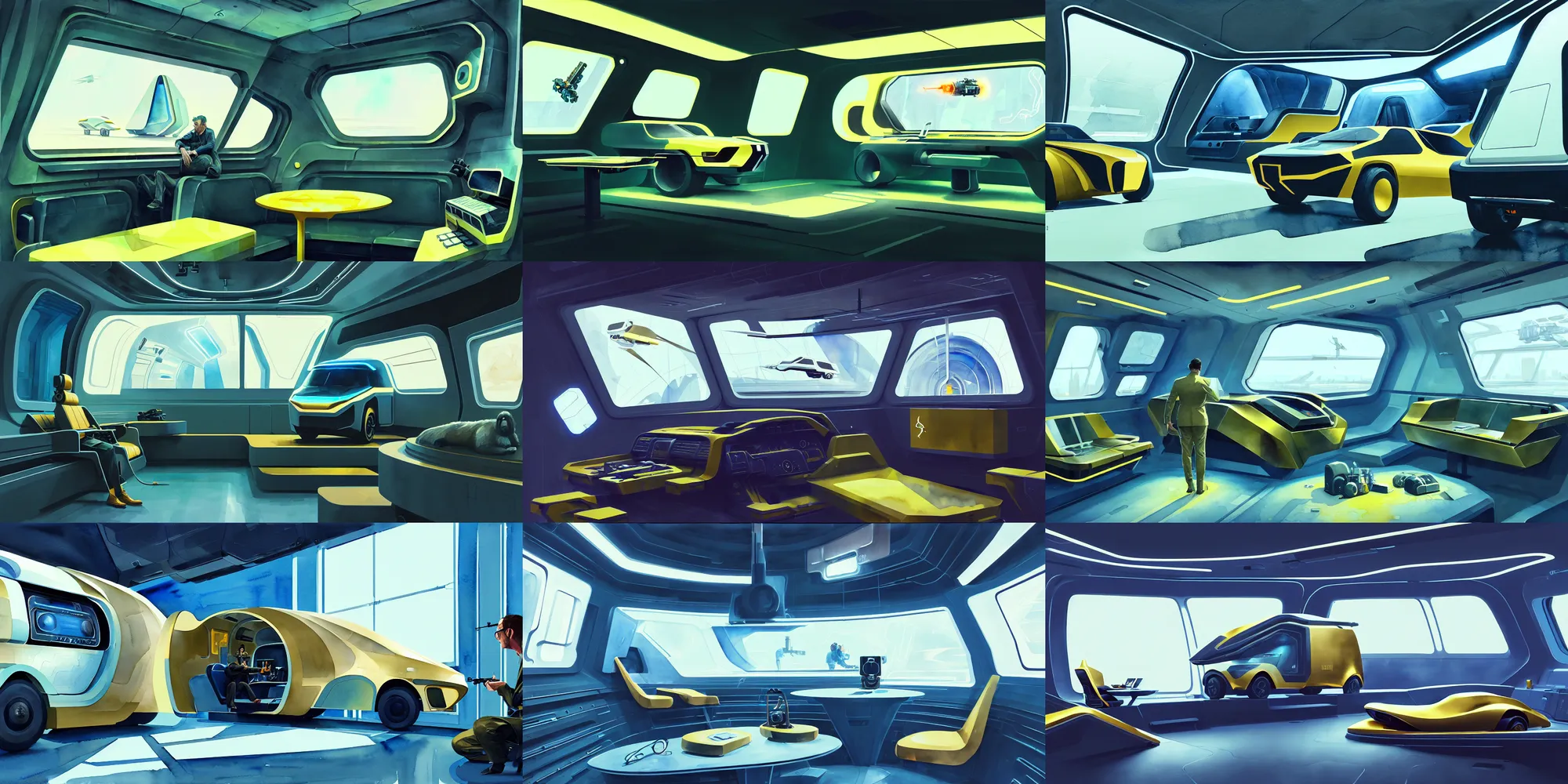 Prompt: a beautiful illustration of futuristic interior of spy truck, james bond gadgets, big medium small, golden ratio, in watercolor gouache detailed paintings, in style of syd mead, trending on artstation, 8 k, panel, hard surface, vent, zaha hadid, props, cozy, decoration, simon stalenhag, deus ex
