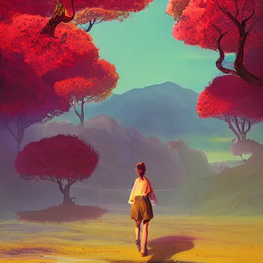 Image similar to giant cherry tree as a head, girl walking in a canyon, surreal photography, sunrise, dramatic light, impressionist painting, colorful clouds, digital painting, artstation, simon stalenhag